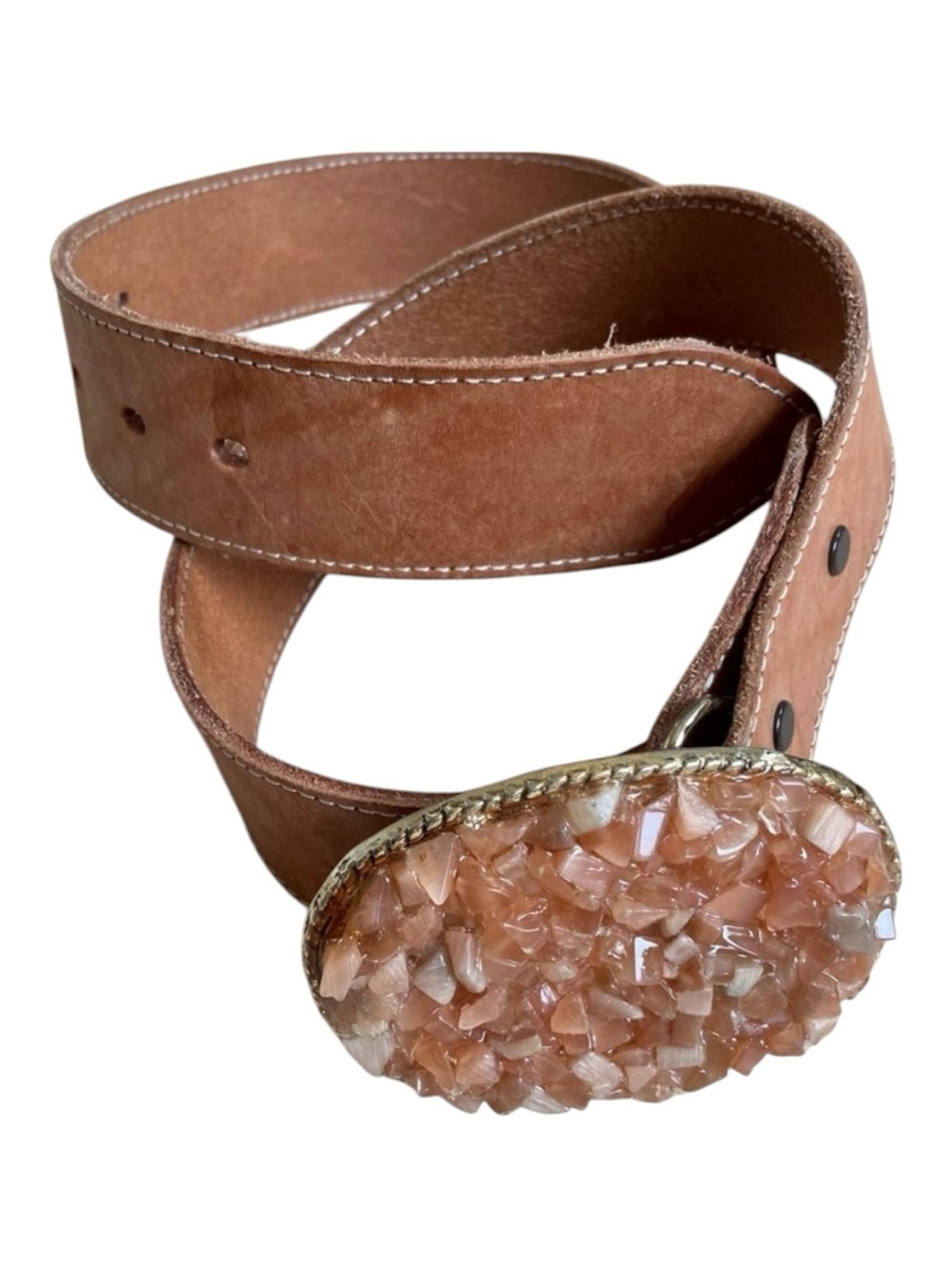 Lyz Charter tan brown belt&crystal embellishments gold solid metal pin buckle 32